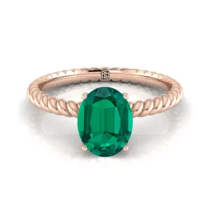 14K Rose Gold Oval Emerald Twisted Rope Solitaire With Surprize Diamond Engagement Ring