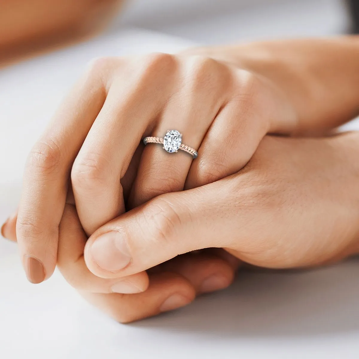 14K Rose Gold Oval Peridot Twisted Rope Solitaire With Surprize Diamond Engagement Ring