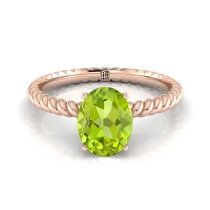 14K Rose Gold Oval Peridot Twisted Rope Solitaire With Surprize Diamond Engagement Ring