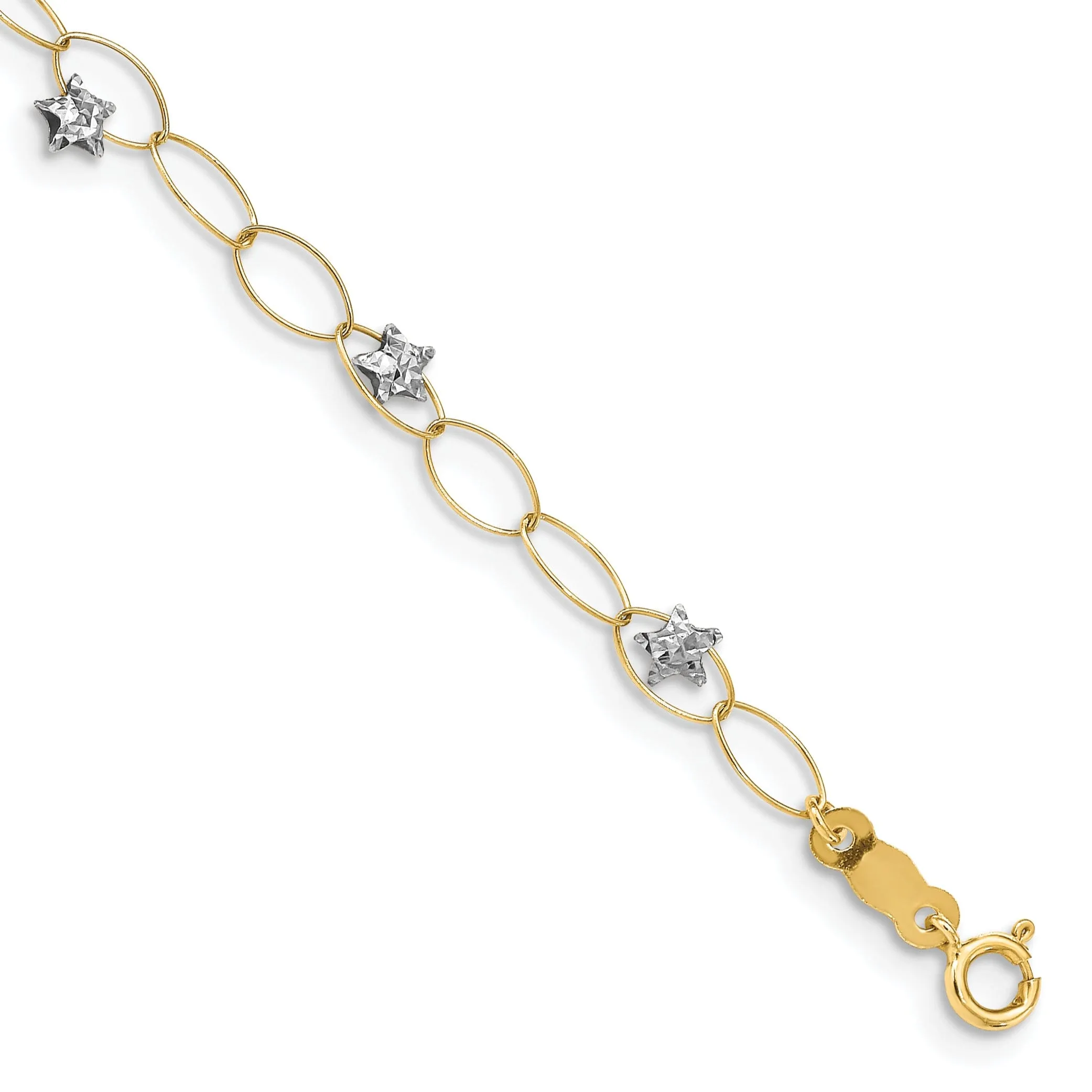 14k two-tone gold bracelet fancy puff stars design. 7.25-inch
