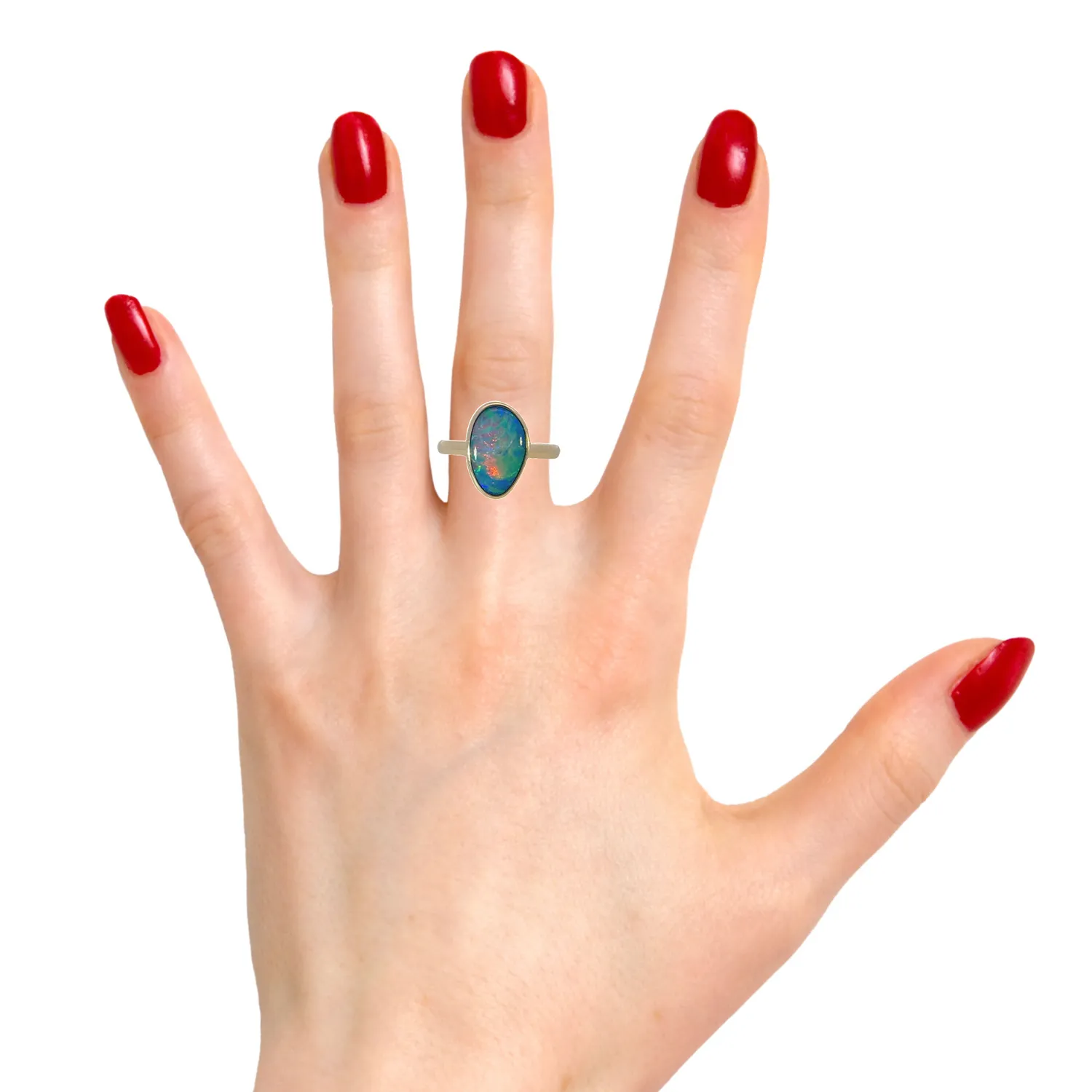 14kt Yellow Gold solitaire Black Opal 2.9ct doublet bezel set ring