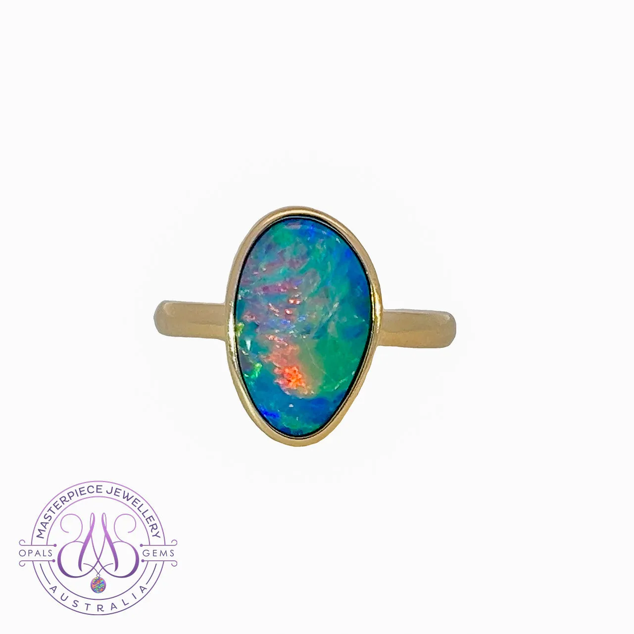 14kt Yellow Gold solitaire Black Opal 2.9ct doublet bezel set ring