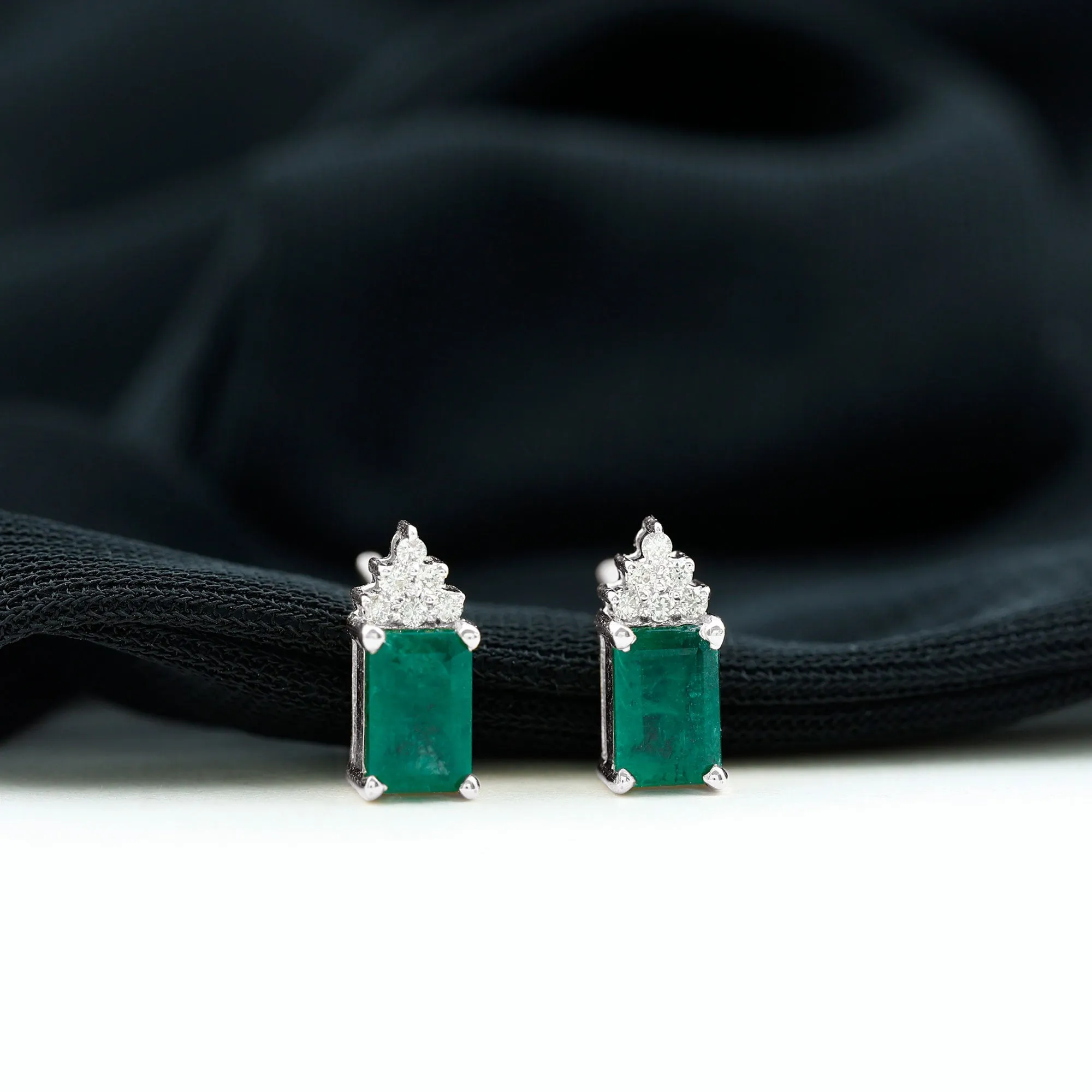 1.50 CT Octagon Cut Emerald Stud Earrings with Diamond Accent