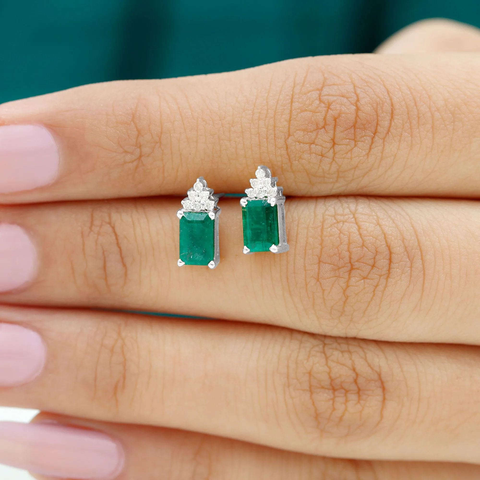1.50 CT Octagon Cut Emerald Stud Earrings with Diamond Accent