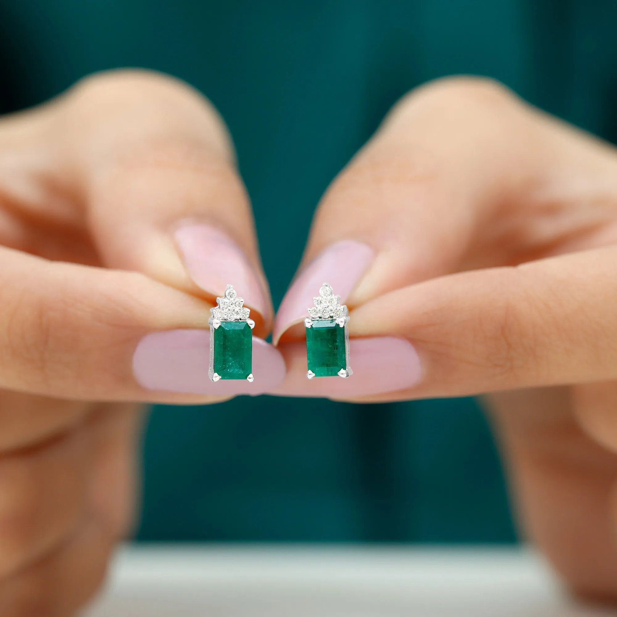 1.50 CT Octagon Cut Emerald Stud Earrings with Diamond Accent