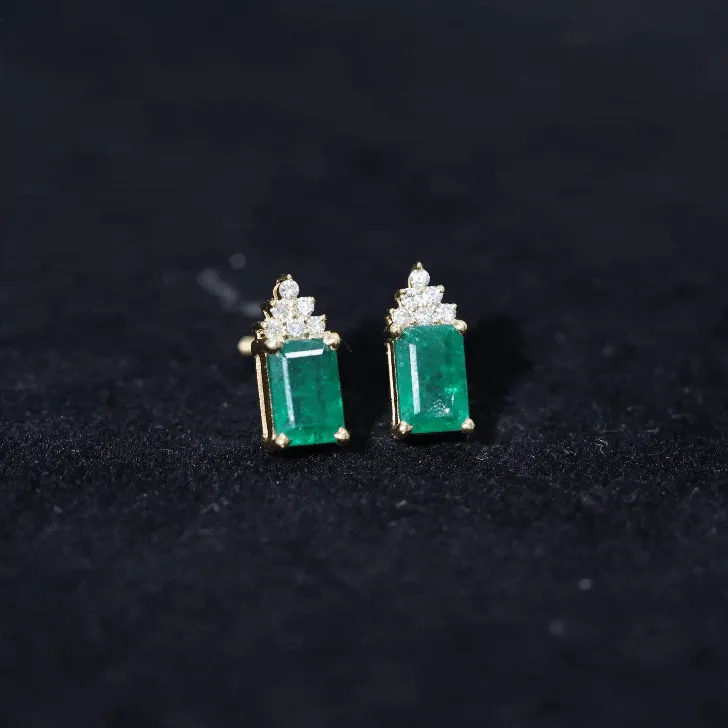 1.50 CT Octagon Cut Emerald Stud Earrings with Diamond Accent
