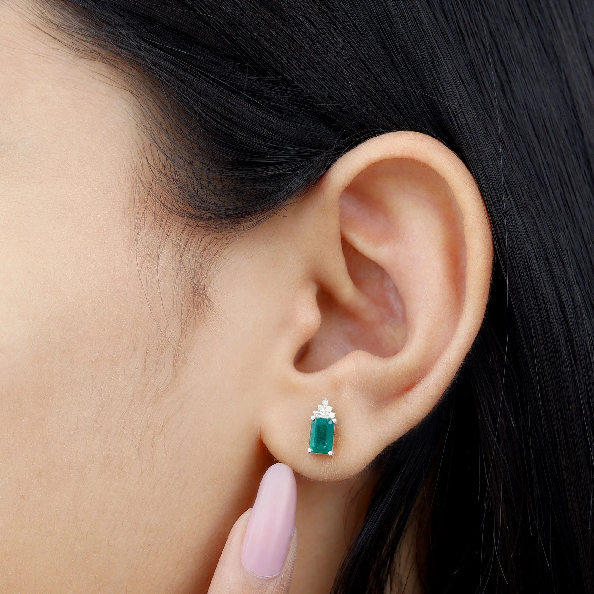 1.50 CT Octagon Cut Emerald Stud Earrings with Diamond Accent