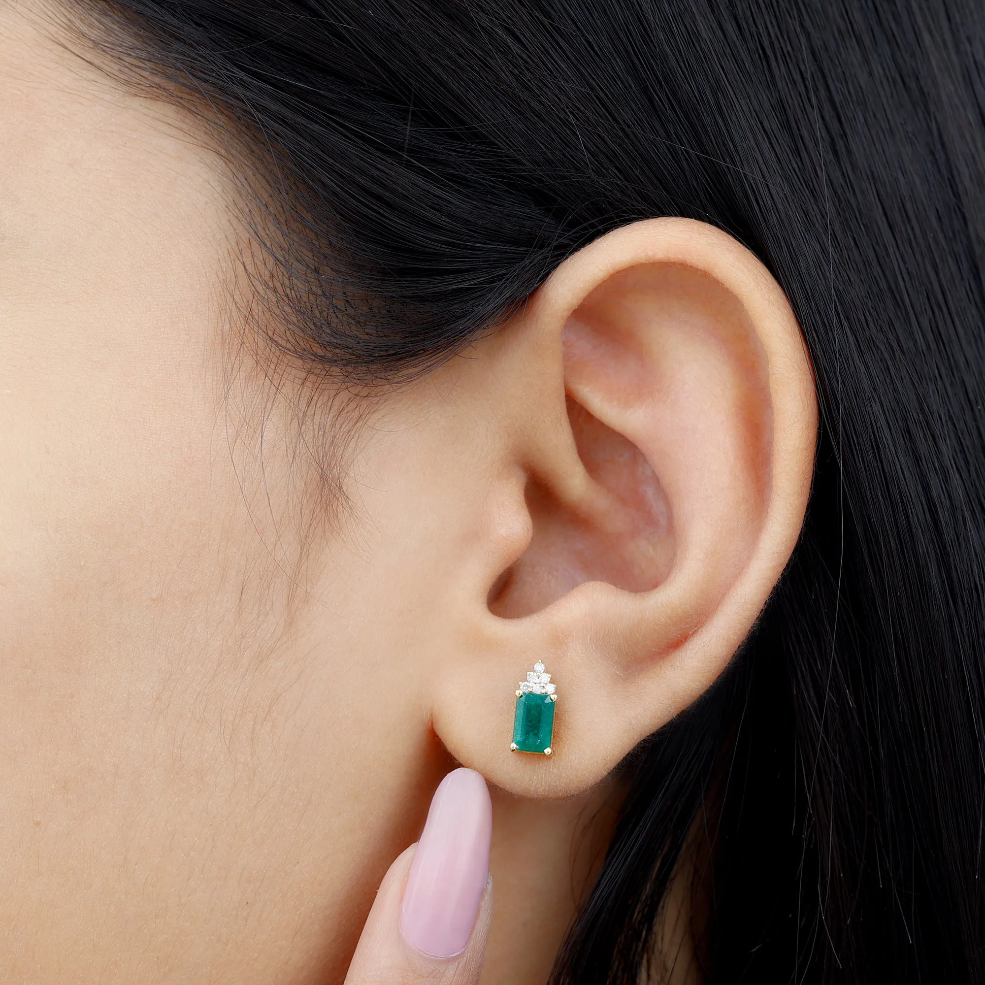 1.50 CT Octagon Cut Emerald Stud Earrings with Diamond Accent