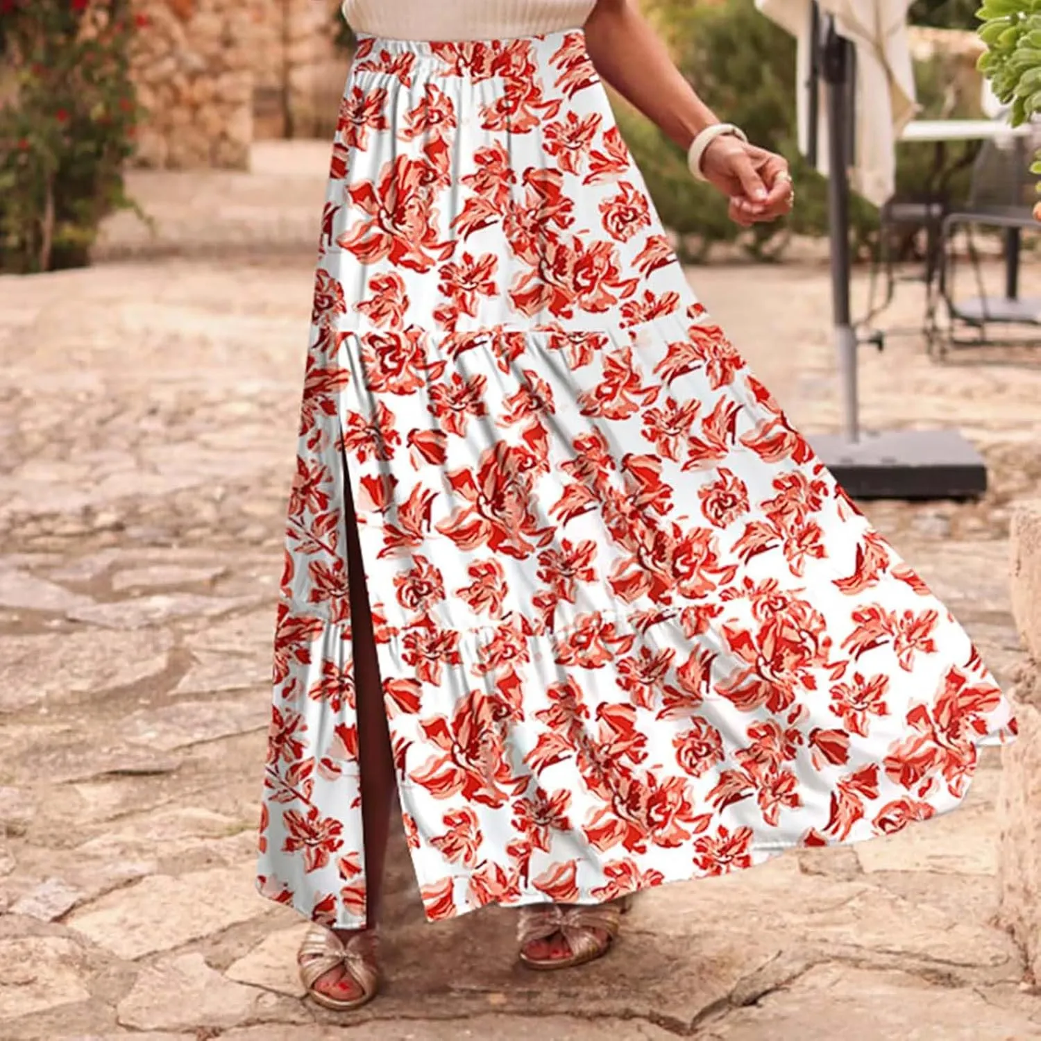 2025 Floral Skirts for Women Flowy Boho Summer Skirt Elastic Waist Bohemian Beach Maxi Skirt Resort Wear