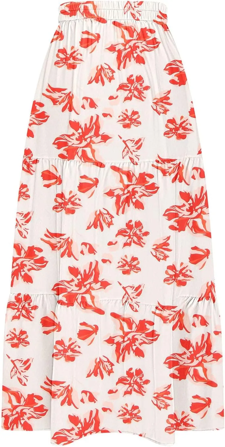 2025 Floral Skirts for Women Flowy Boho Summer Skirt Elastic Waist Bohemian Beach Maxi Skirt Resort Wear