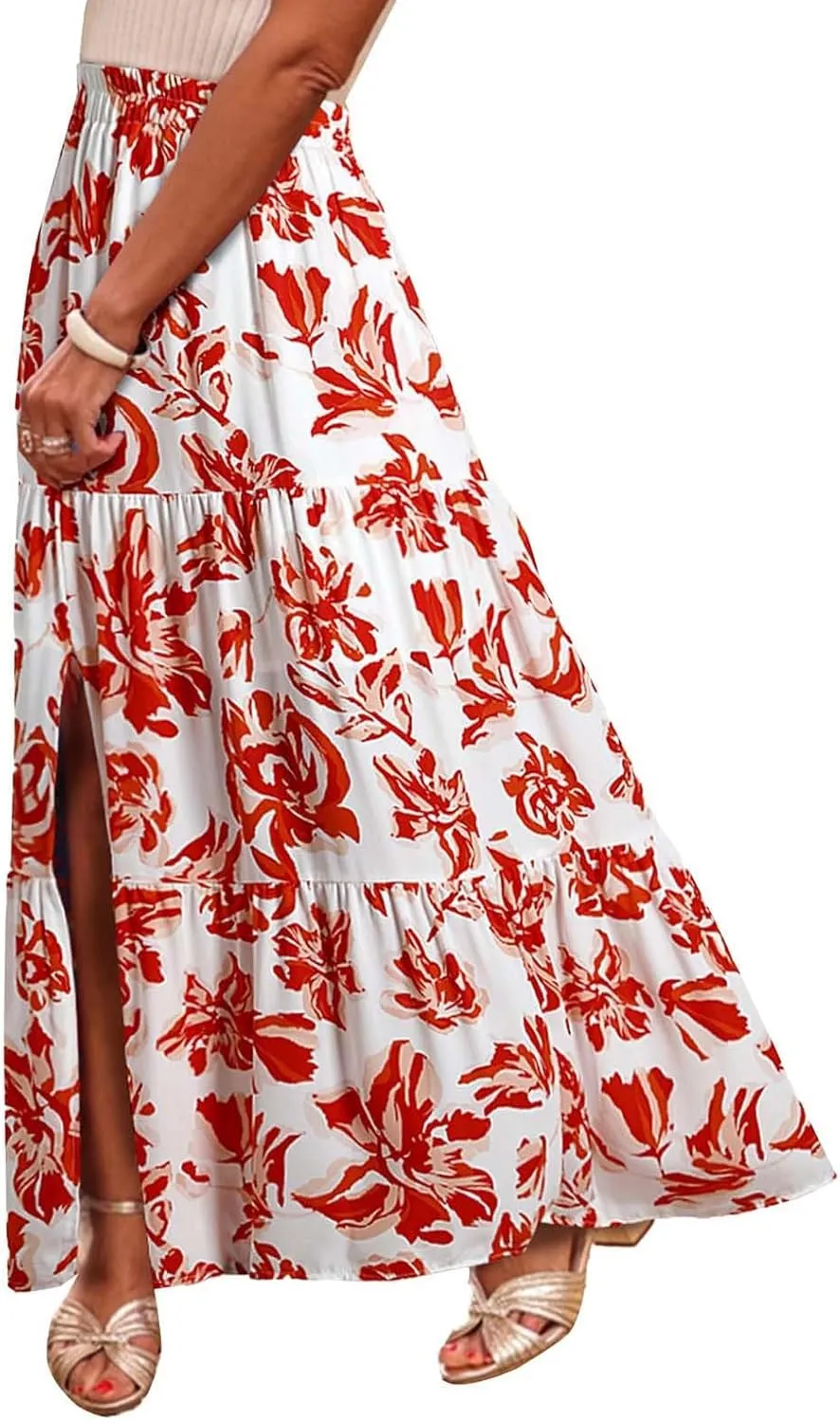 2025 Floral Skirts for Women Flowy Boho Summer Skirt Elastic Waist Bohemian Beach Maxi Skirt Resort Wear