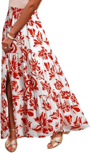 2025 Floral Skirts for Women Flowy Boho Summer Skirt Elastic Waist Bohemian Beach Maxi Skirt Resort Wear