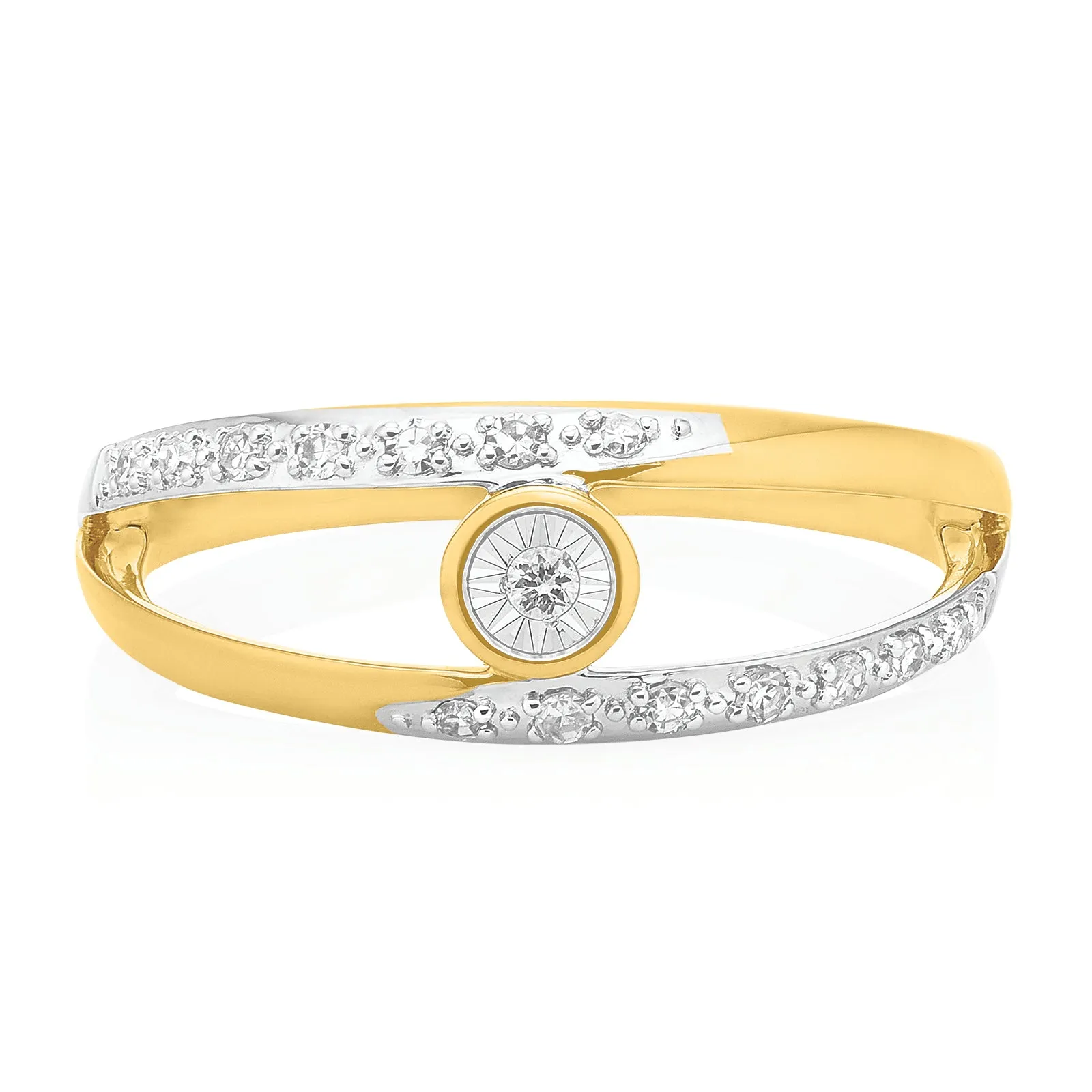 9ct Two Tone Gold Round Brilliant Cut 0.13 Carat tw of Diamond Dress Ring