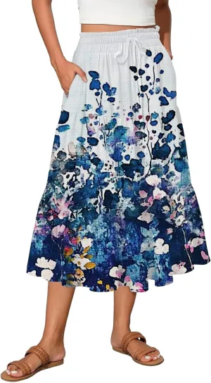 ADHOWBEW Boho Skirts for Women Summer High Waist Bohemian Trendy Flowy Cotton Casual Sexy Skirts