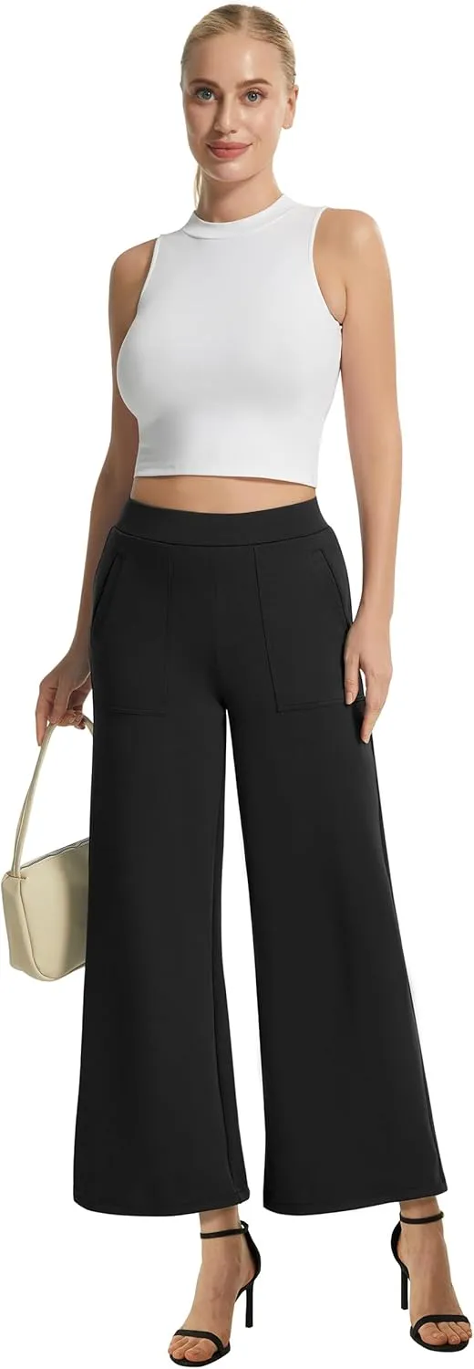 AFITNE Women's Wide Leg Yoga Dress Pants High Waist Stretchy Pull On Work Pants Cropped Casual Lounge Ankle Pants