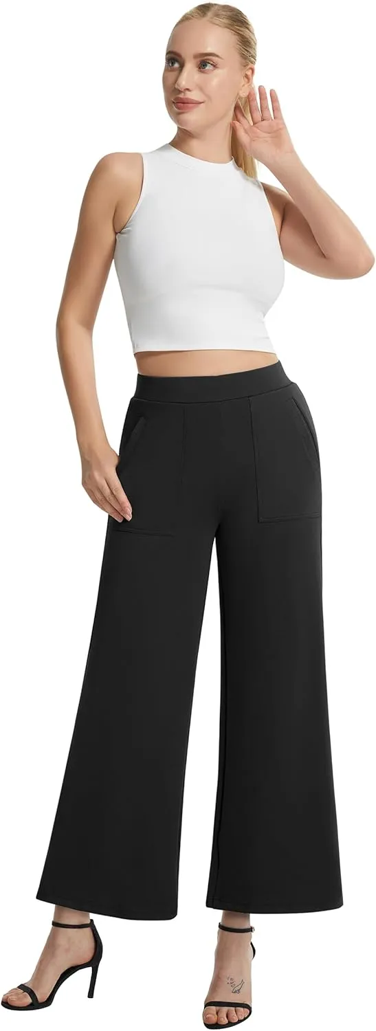 AFITNE Women's Wide Leg Yoga Dress Pants High Waist Stretchy Pull On Work Pants Cropped Casual Lounge Ankle Pants
