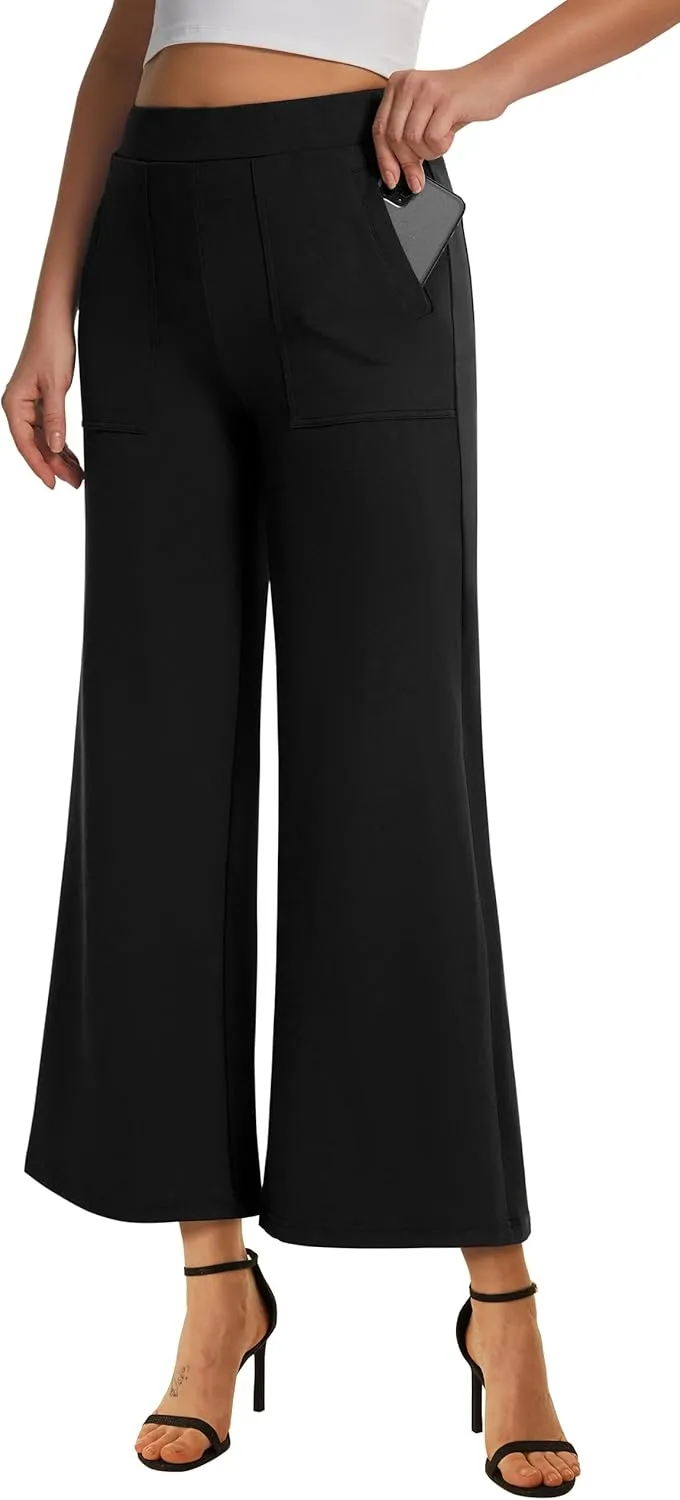 AFITNE Women's Wide Leg Yoga Dress Pants High Waist Stretchy Pull On Work Pants Cropped Casual Lounge Ankle Pants