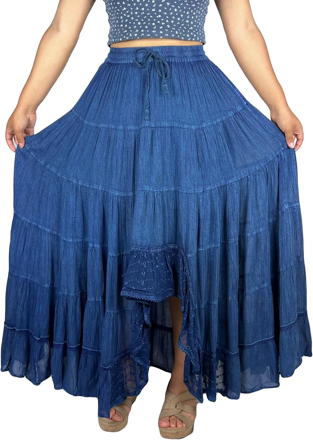 Agan Traders Women's 2025 Spring Peasant Tiered A Line Flared High Low Elastic Waistband Flowy Long Maxi Skirt