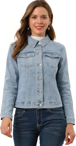 Allegra K Women's Denim Coat Jean Button Front Washed Vintage Jacket
