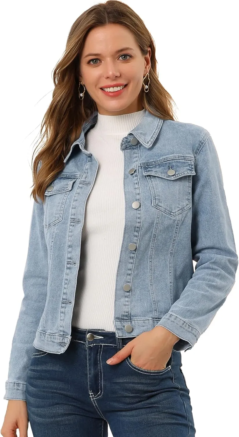 Allegra K Women's Denim Coat Jean Button Front Washed Vintage Jacket