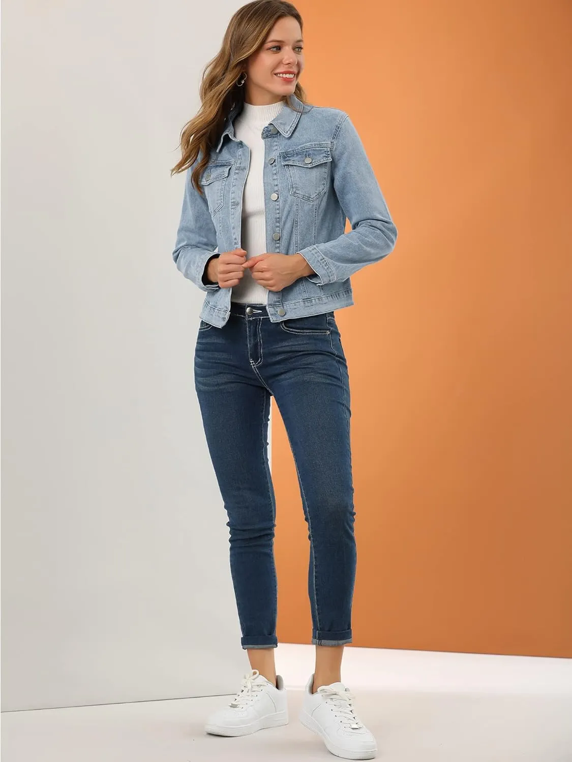 Allegra K Women's Denim Coat Jean Button Front Washed Vintage Jacket
