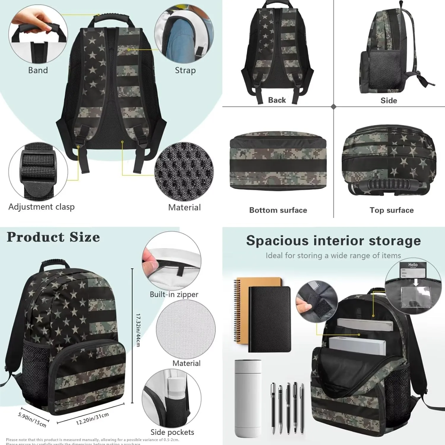 America Flag Boys Bookbag Age 6-8 with Lunch Box Lightweight 17 Inch Kids Camo Backpack for School Versatile Travel Back Packs for School Set of 3