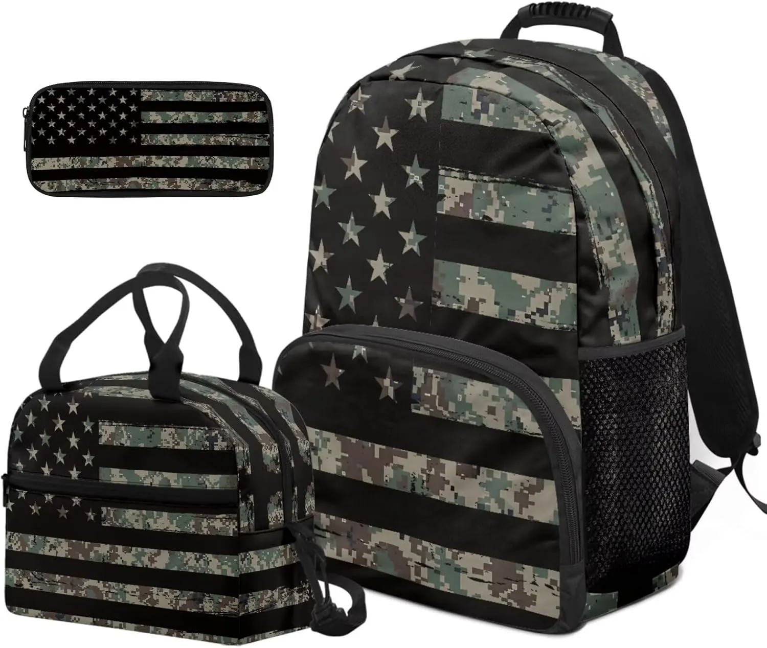 America Flag Boys Bookbag Age 6-8 with Lunch Box Lightweight 17 Inch Kids Camo Backpack for School Versatile Travel Back Packs for School Set of 3