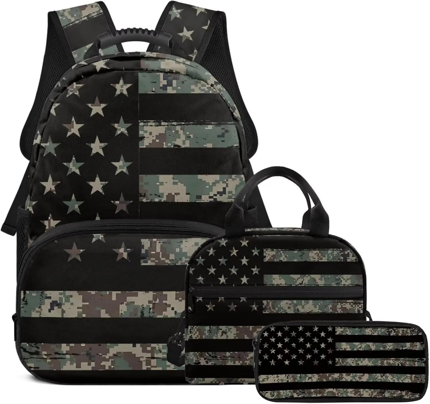 America Flag Boys Bookbag Age 6-8 with Lunch Box Lightweight 17 Inch Kids Camo Backpack for School Versatile Travel Back Packs for School Set of 3