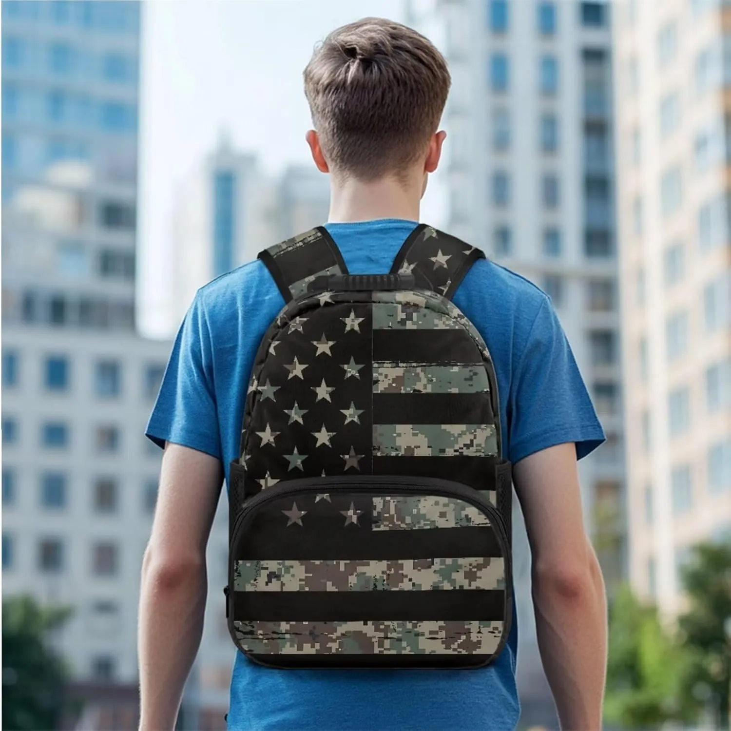 America Flag Boys Bookbag Age 6-8 with Lunch Box Lightweight 17 Inch Kids Camo Backpack for School Versatile Travel Back Packs for School Set of 3