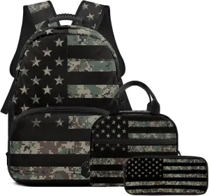 America Flag Boys Bookbag Age 6-8 with Lunch Box Lightweight 17 Inch Kids Camo Backpack for School Versatile Travel Back Packs for School Set of 3