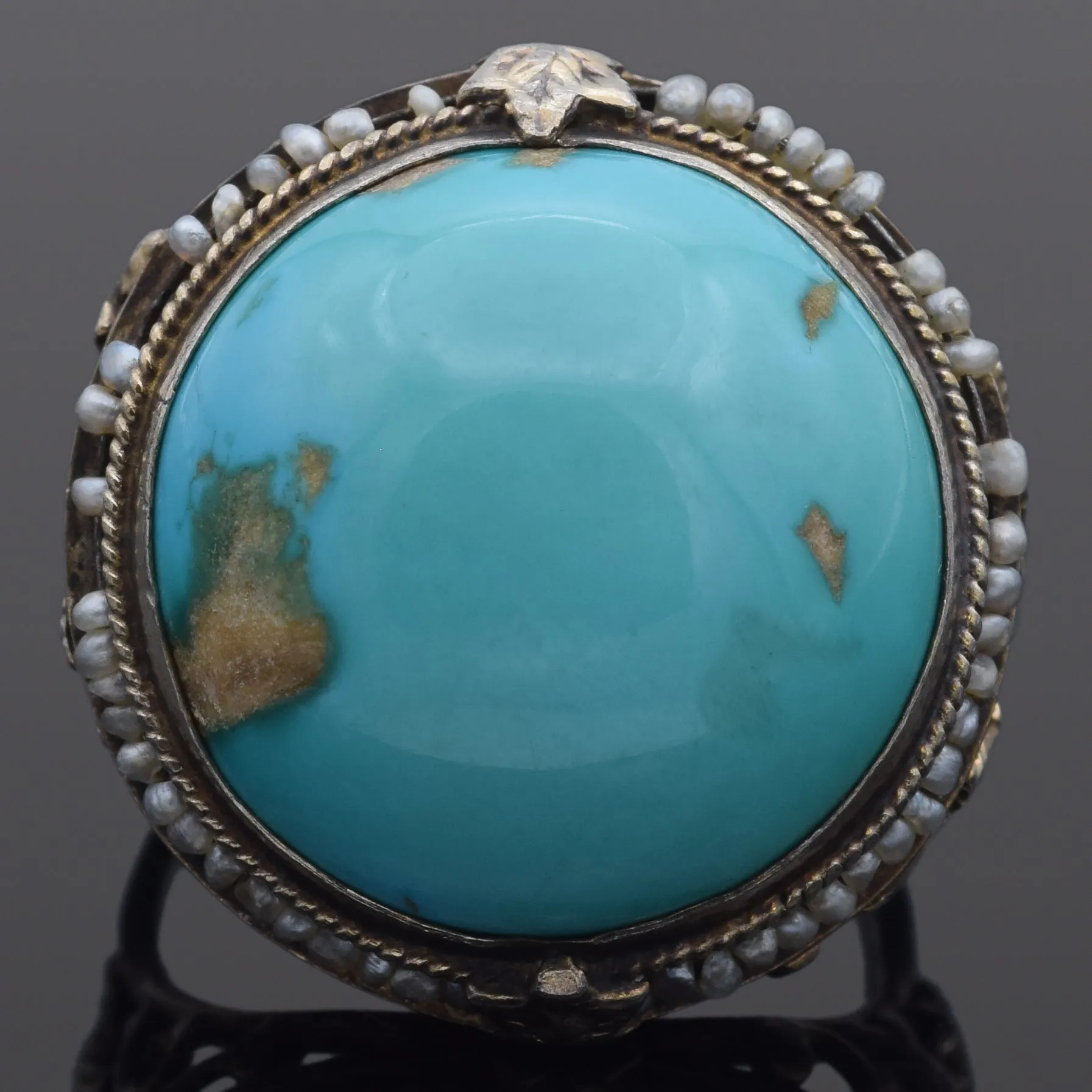 Antique Silver Turquoise & Seed Pearl Round Cocktail Ring Size 5