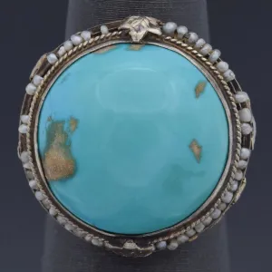 Antique Silver Turquoise & Seed Pearl Round Cocktail Ring Size 5