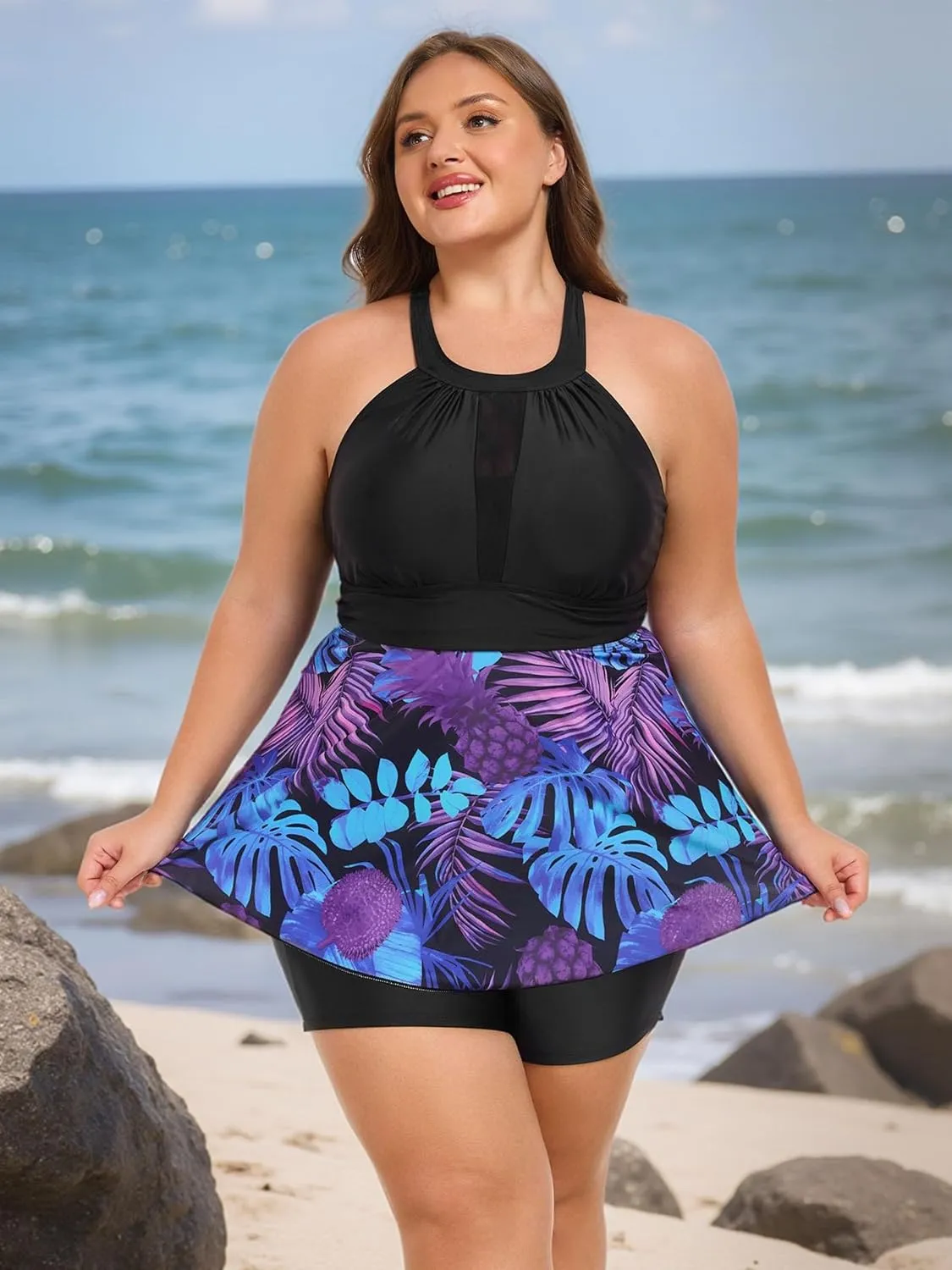 AOVDE Women's Plus Size Tankini Swimsuits: Two Piece Bathing Suits Tank Tops with Boy Shorts Flowy Swimwear for Curvy Women