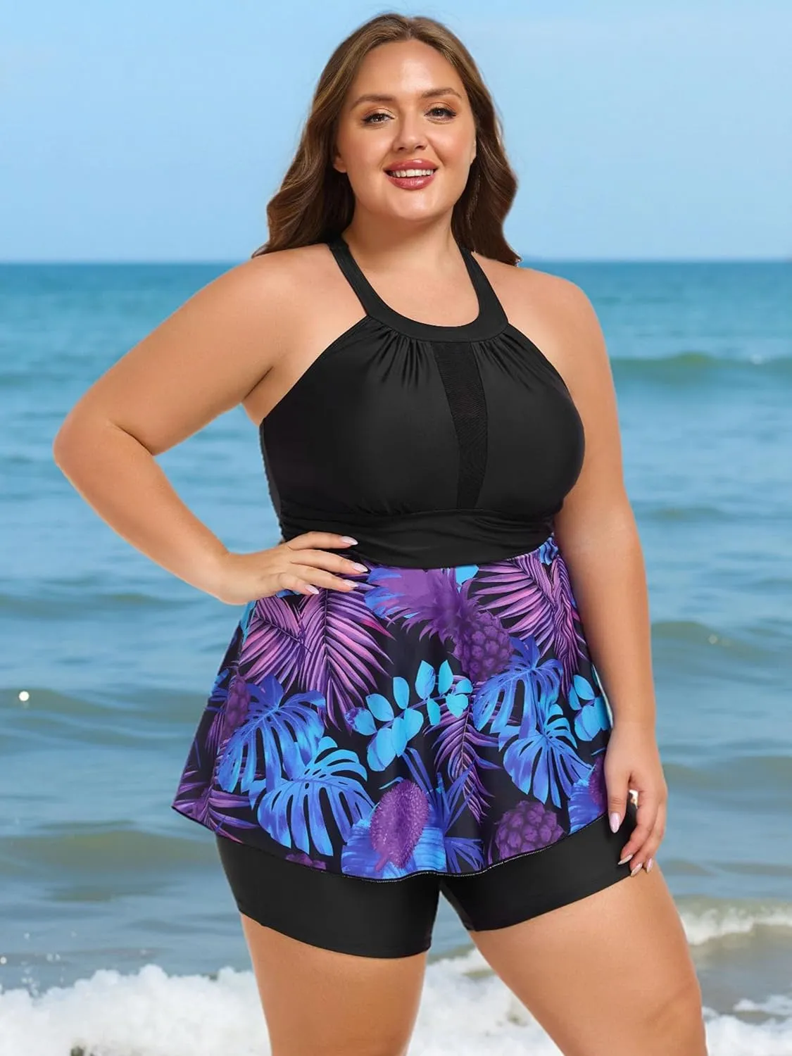 AOVDE Women's Plus Size Tankini Swimsuits: Two Piece Bathing Suits Tank Tops with Boy Shorts Flowy Swimwear for Curvy Women