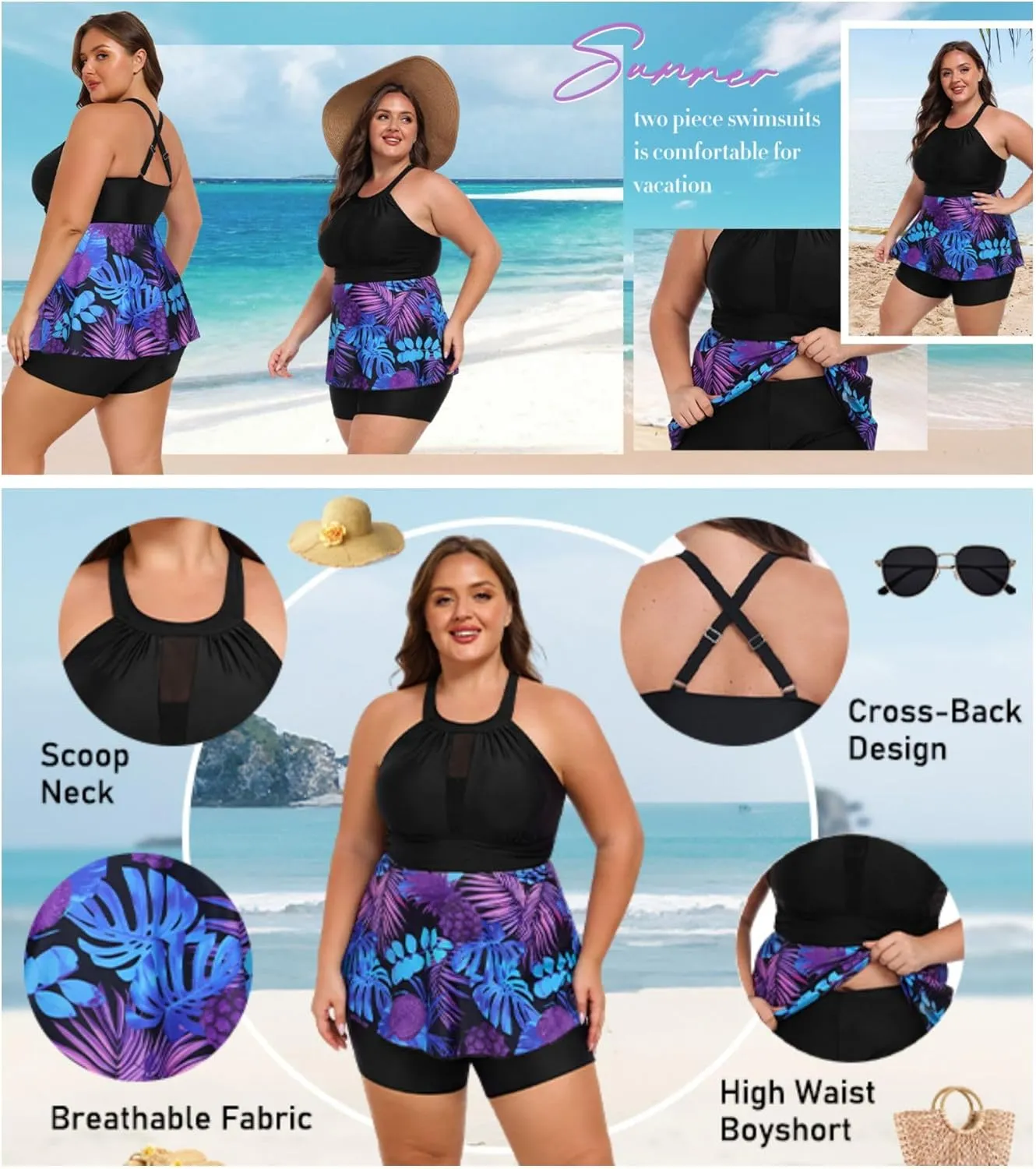 AOVDE Women's Plus Size Tankini Swimsuits: Two Piece Bathing Suits Tank Tops with Boy Shorts Flowy Swimwear for Curvy Women