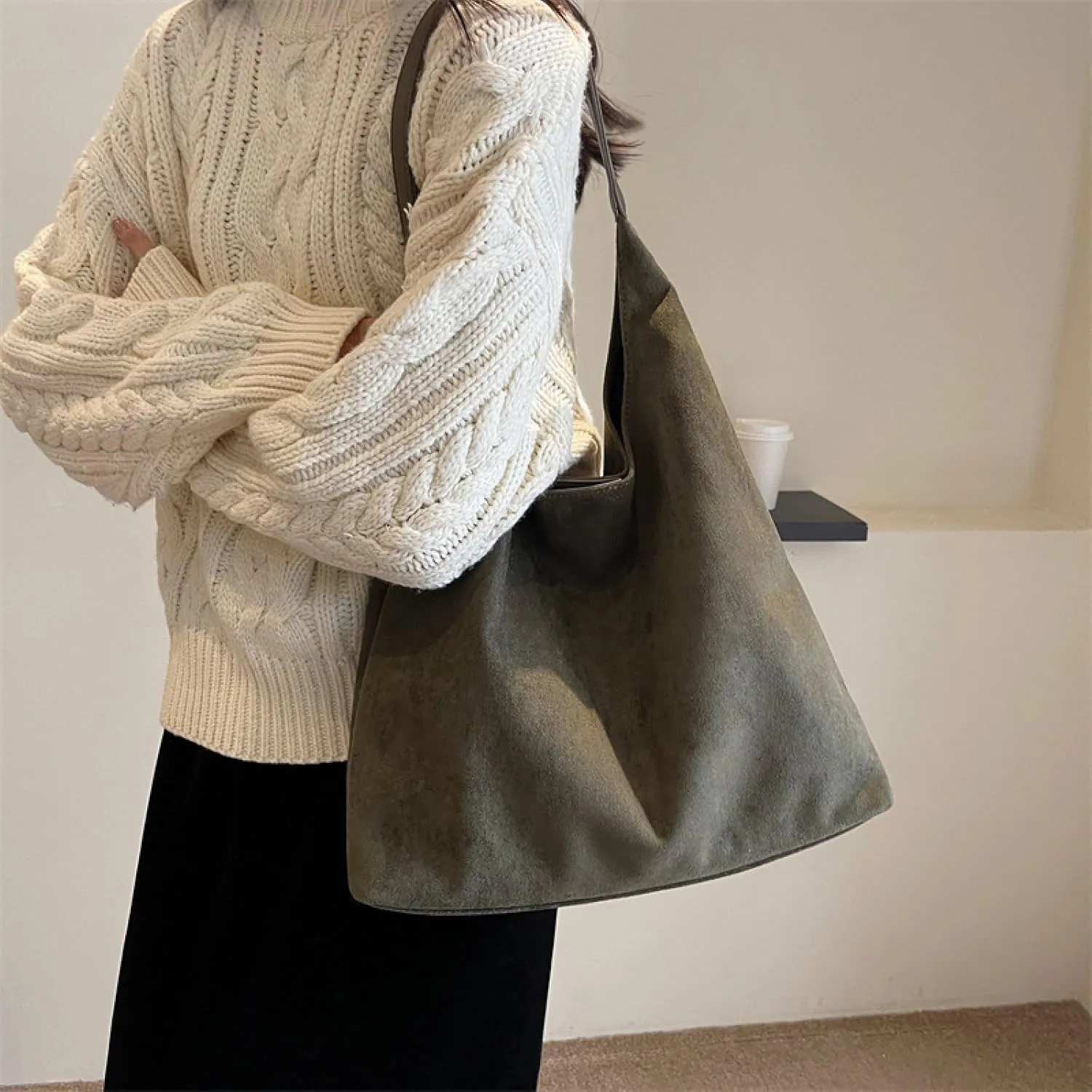 APLUSH Women Retro Shoulder Bag Large Capacity Soft Handbag Tote Bag Fashion Leisure Versatile Shoulder Bag Shopper Bag Travel Work Shopping Hobo Bag,Green,36 * 13 * 31cm