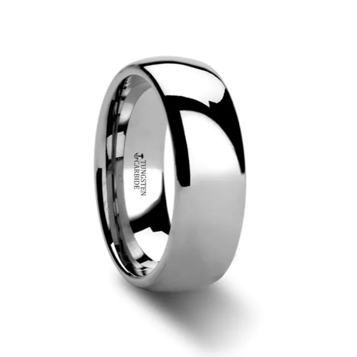 ARLINGTON | White Tungsten Ring, Silver Shiny, Domed