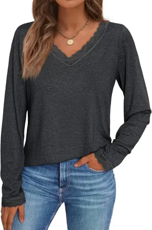 AUTOMET Long Sleeve T Shirts for Women Lace V Neck Casual Cute Tops Loose Fit Fall Winter Basic Clothing