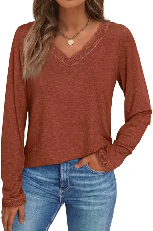 AUTOMET Long Sleeve T Shirts for Women Lace V Neck Casual Cute Tops Loose Fit Fall Winter Basic Clothing