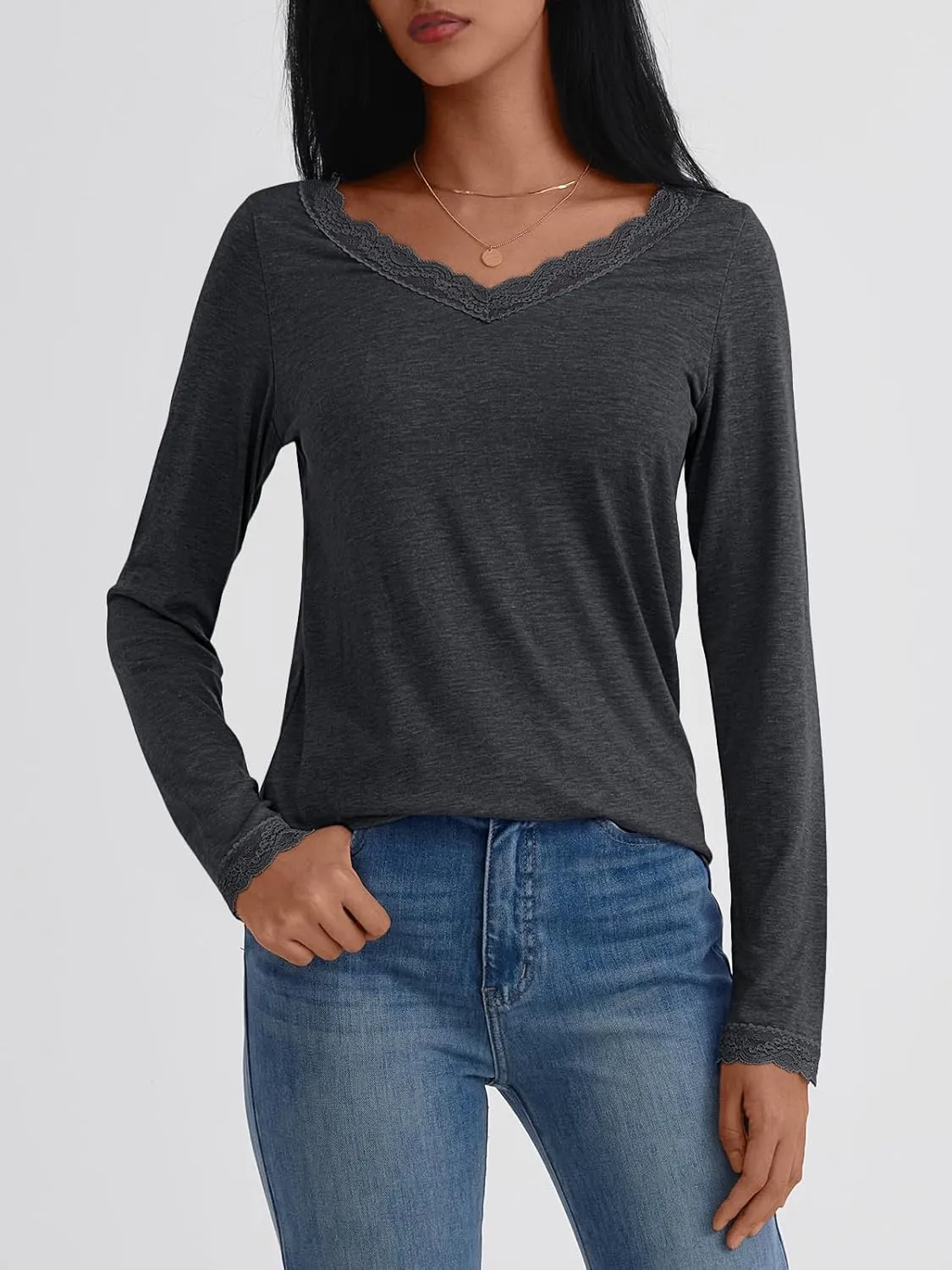 AUTOMET Long Sleeve T Shirts for Women Lace V Neck Casual Cute Tops Loose Fit Fall Winter Basic Clothing