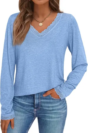 AUTOMET Long Sleeve T Shirts for Women Lace V Neck Casual Cute Tops Loose Fit Fall Winter Basic Clothing