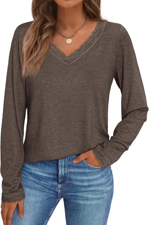 AUTOMET Long Sleeve T Shirts for Women Lace V Neck Casual Cute Tops Loose Fit Fall Winter Basic Clothing