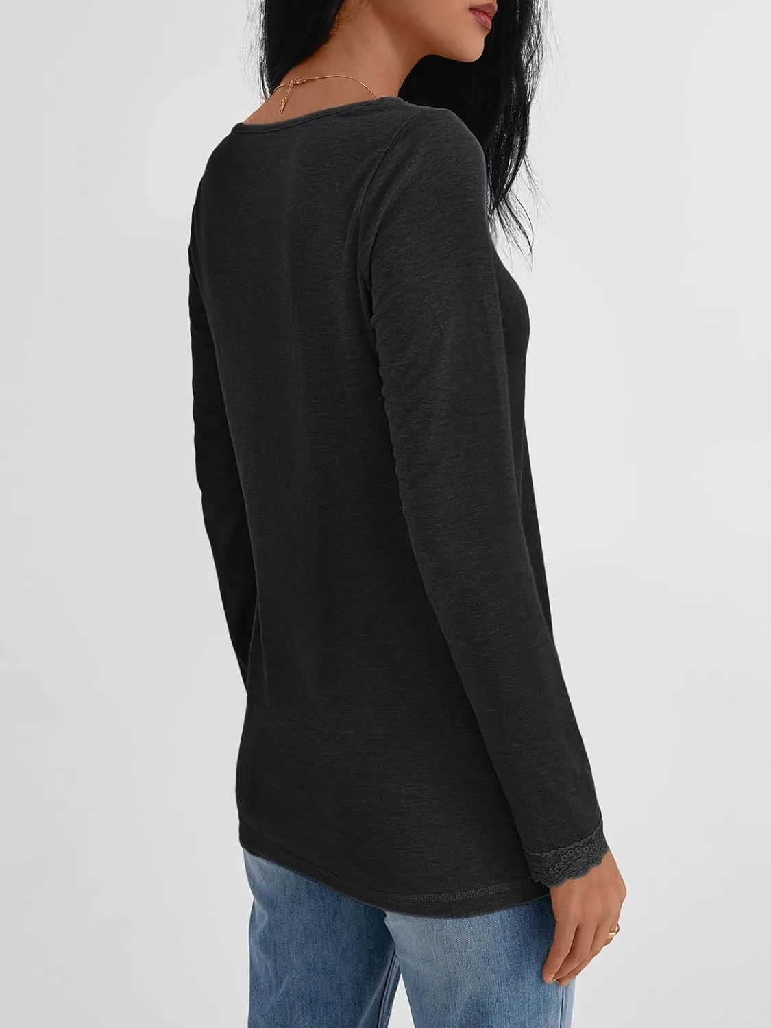 AUTOMET Long Sleeve T Shirts for Women Lace V Neck Casual Cute Tops Loose Fit Fall Winter Basic Clothing
