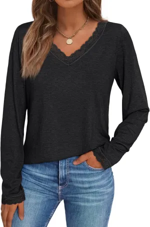 AUTOMET Long Sleeve T Shirts for Women Lace V Neck Casual Cute Tops Loose Fit Fall Winter Basic Clothing