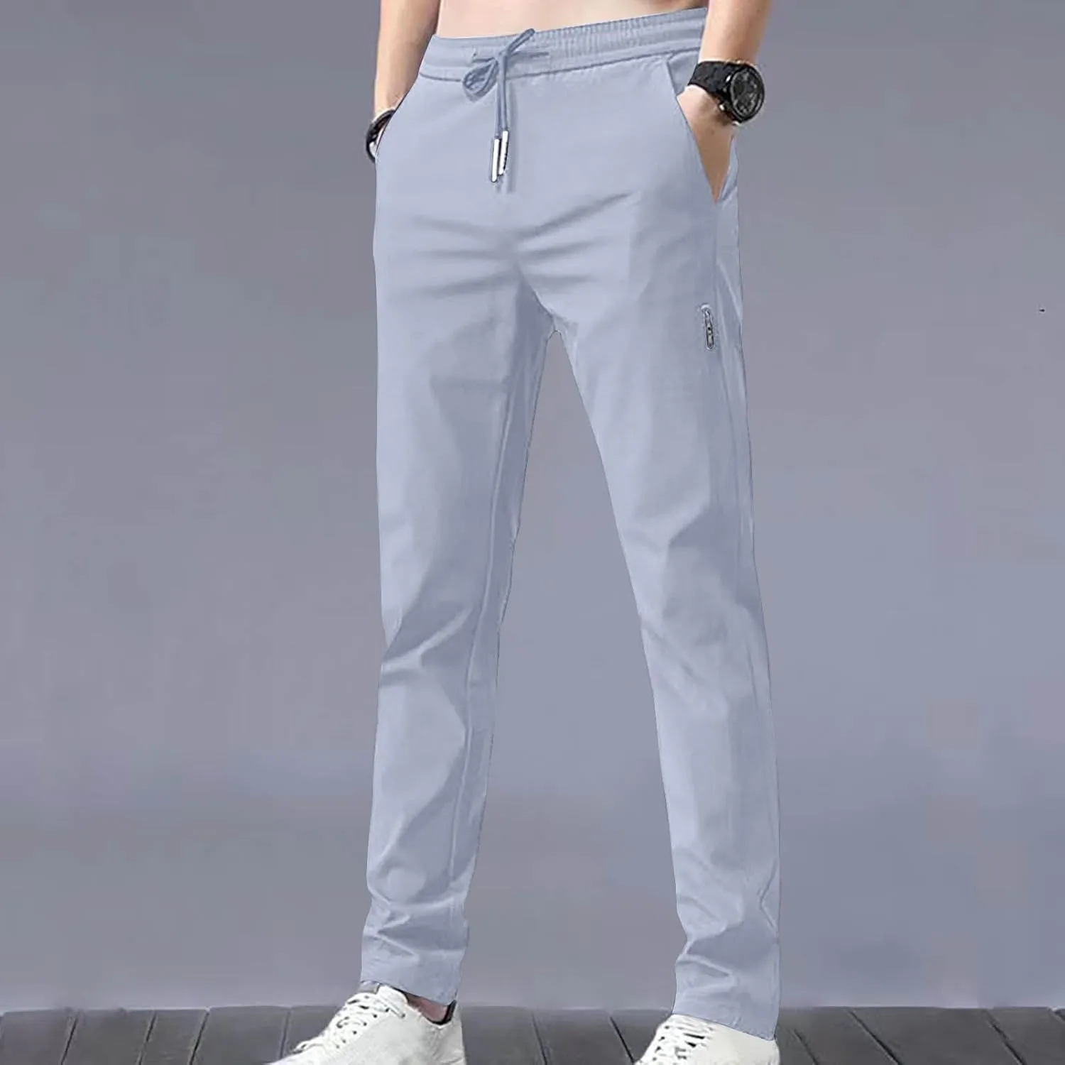 Aymnlox Mens Baggy Pants Straight Leg Slim Fit Lightweight Casual Pants Quick Dry Drawstring Stretch Trousers with Pockets