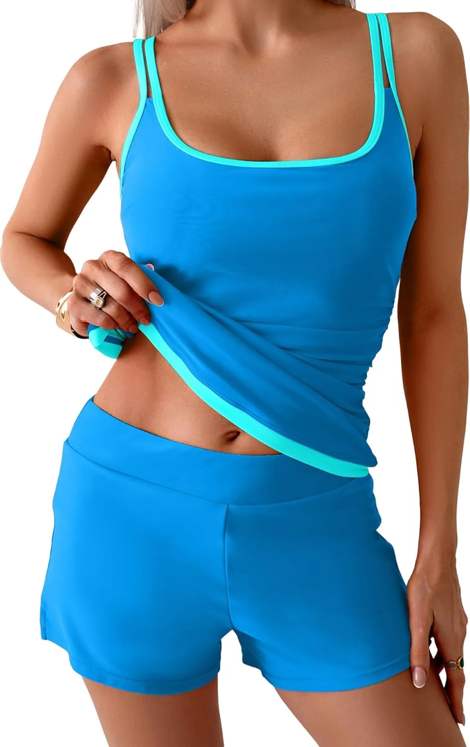 B2prity Womens Tankini Swimsuits Sporty Tummy Control Two Piece Bathing Suit Color Block Ruched Swimwear