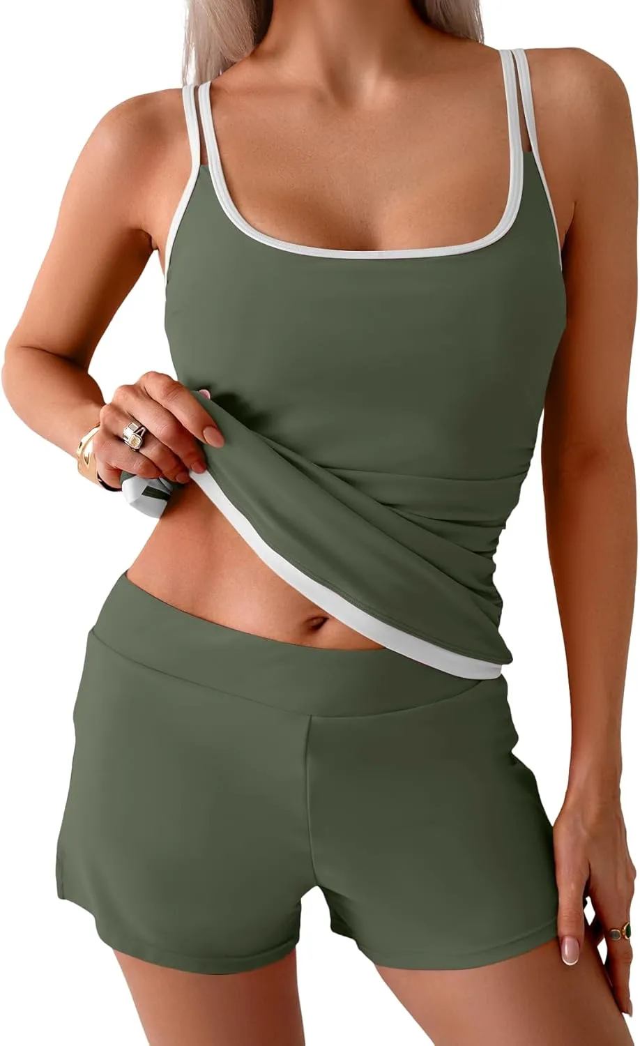 B2prity Womens Tankini Swimsuits Sporty Tummy Control Two Piece Bathing Suit Color Block Ruched Swimwear