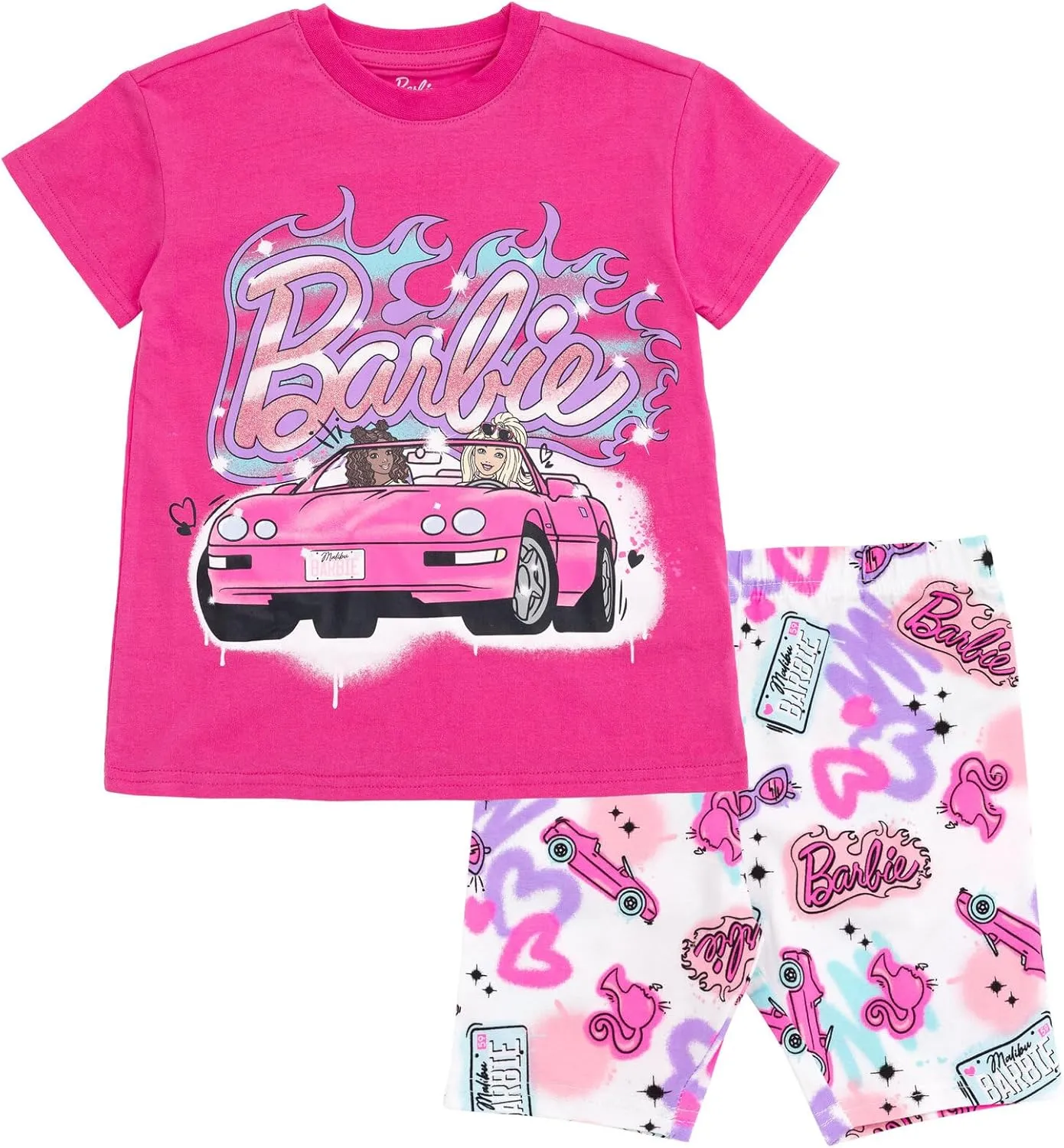 Barbie Girls Cropped Boxy T-Shirt and Bike Shorts Outfit Set Toddler to Big Kid Sizes (2T - 14-16)