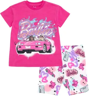 Barbie Girls Cropped Boxy T-Shirt and Bike Shorts Outfit Set Toddler to Big Kid Sizes (2T - 14-16)