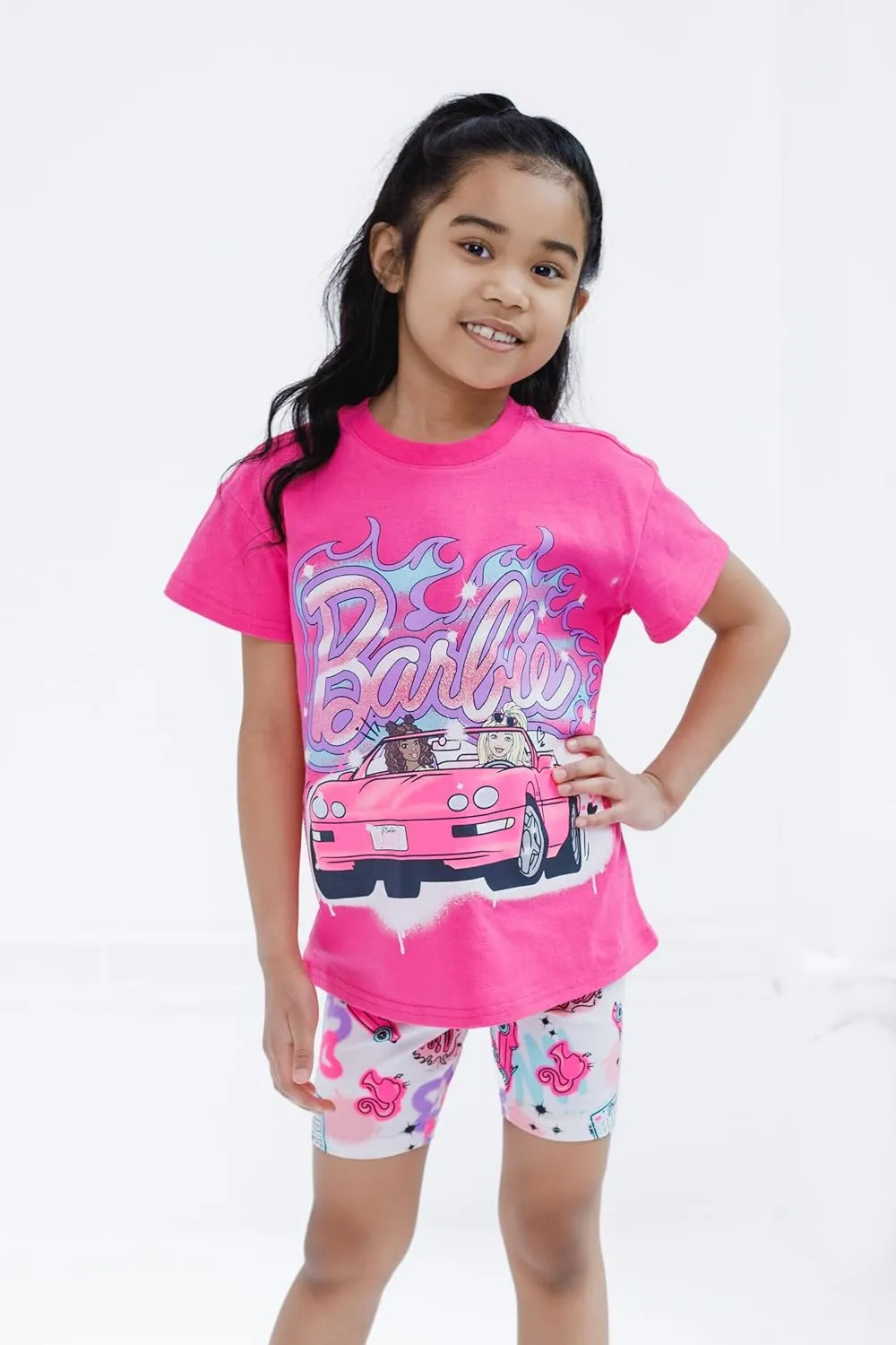 Barbie Girls Cropped Boxy T-Shirt and Bike Shorts Outfit Set Toddler to Big Kid Sizes (2T - 14-16)